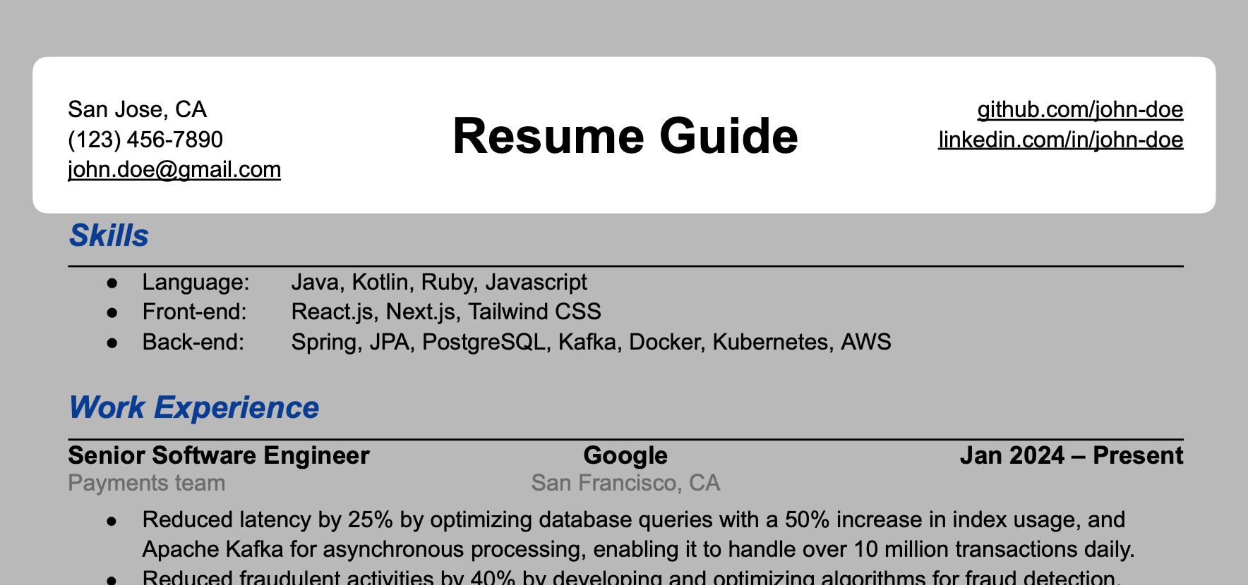 미국 개발자 Resume 연락처 정보