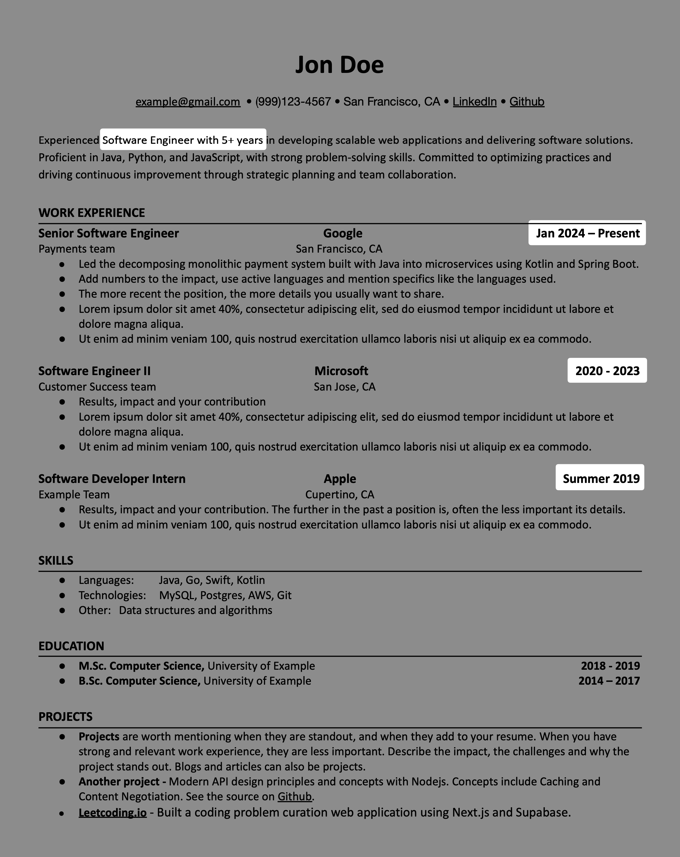 Years of experience in resume example